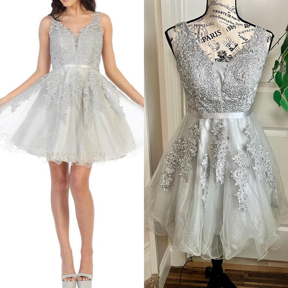 Cindy Collection Rhinestone Ornate Appliqued Mini Cocktail Dress Silver Sz S